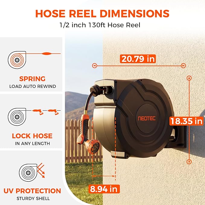 Upgraded Retractable Garden Hose Reel 1/2 inch x 130 ft Any Length Lock 9 Pattern Nozzle Wall-Mounted Automatic Slow Return 180° Swivel UV Resistant Heavy Duty Hose Reels for Outside