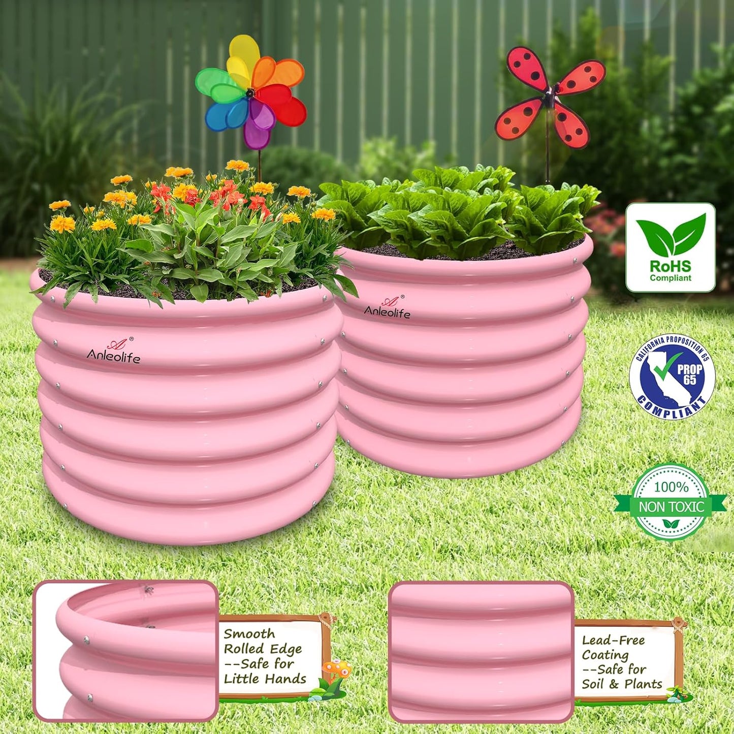 A ANLEOLIFE 5-Pack 18in Tall Kids Raised Garden Beds Outdoor, 40x24in Oval & 24x24in Round Galvanized Metal Planter Box for Planting Vegetables, Flowers, Fruits, Eco-Safe & Easy Setup