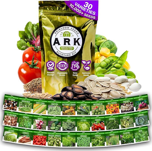 Ark Seed Kits-Organic 30 Heirloom Varieties, Over 10,000 Non-GMO Seeds Including Zucchini, Watermelon, Bell Pepper & More–Grow Assorted Fruits, Vegetables, & Herbs for a Thriving Home Garden