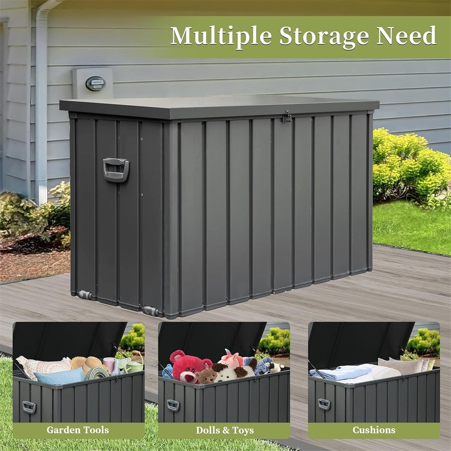 KUIKUI 200 Gallon Deck Box Waterproof, 200 Gallon Outdoor Storage Box, Metal Deck Box Waterproof for Pool Patio Cushions and Sports Pools Equipment, Dark Gray