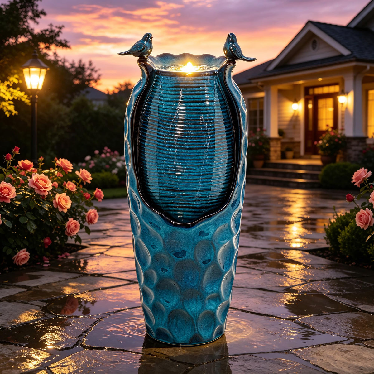 Autodaya 33" Vase Ceramic Outdoor Water Fountain with Lights and Birds (33"h-birds Jar Turquoise Glaze)