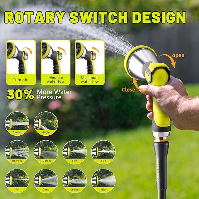 160 FT x 1/2" Retractable Garden Hose Reel - PHLEXPRO Heavy Duty Hose Reel Wall Mount - 3/4in Brass Fitting 10Pattern Nozzle, Any Length Lock, Automatic Slow Retraction 180° Swivel, UV Resistant