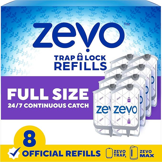 Zevo Flying Insect Trap Official Refill Cartridges - Fits Both Zevo Trap & MAX Indoor Fly Trap - Authentic Trap+Lock Technology to Catch Gnats, House & Fruit Flies (8 Official Refill Cartridges)