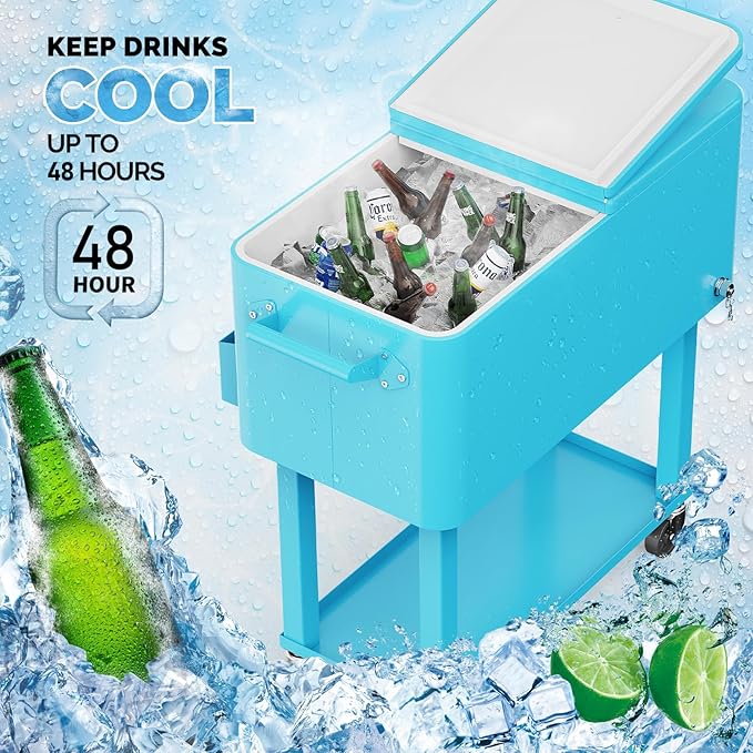 VINGLI 80 Quart Rolling Ice Chest, Portable Patio Party Bar Drink Cooler Cart, with Shelf, Beverage Pool with Bottle Opener