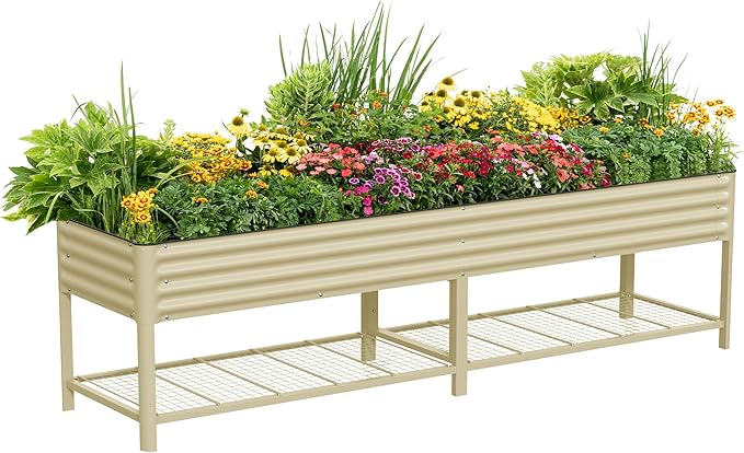 Elevated Raised Garden Bed- Jumbo Series, 2.5' x 10' Outdoor Planters Box with Legs & Storage Rack for Patio, 2000+ Lbs Weight Capacity, Raised Beds for Gardening Herbs Vegetables Flowers, Pearl White
