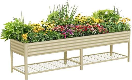 Elevated Raised Garden Bed- Jumbo Series, 2.5' x 10' Outdoor Planters Box with Legs & Storage Rack for Patio, 2000+ Lbs Weight Capacity, Raised Beds for Gardening Herbs Vegetables Flowers, Pearl White