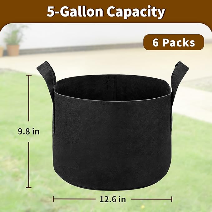 6 Pack 5 Gallon Grow Bags, Heavy Duty 300g Nonwoven Fabric Plant Pots with Reinforced Handles, Breathable Tomato Potato Vegetable Grow Bags for Garden & Patio - Black