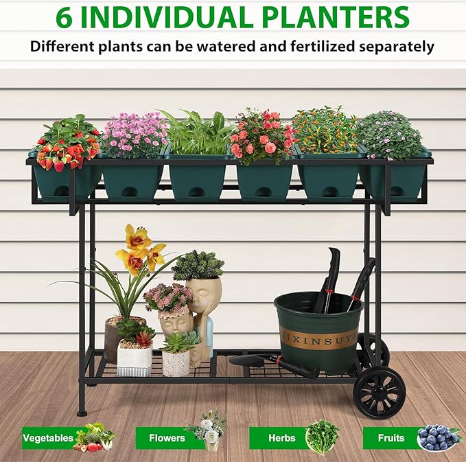 Vrisa Raised Garden Bed with Legs 43x17x29 in Plastic Elevated Planter Box Outdoor with Storage Shelf and Wheels Vegetables Herbs Flowers Standing Garden Beds for Backyard, Patio, Balcony, Green
