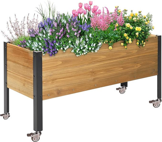 Wood Rectangular Garden Planter Box with Wheel Raised Garden Bed Outdoor,Planters for Outdoor Plants 37 * 13 * 15 Elevated Planter Box for Herbs Vegetables Flowers Outdoor Patio Deck Balcony