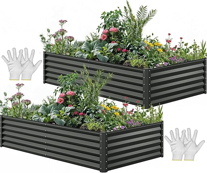YITAHOME 2pcs 8x4x1.5 ft Galvanized Raised Garden Bed Kit, Large Metal Planter Box with Gloves, Safety Rubber & Support Rod, Outdoor Flower Bed for Plants Vegetables, Black