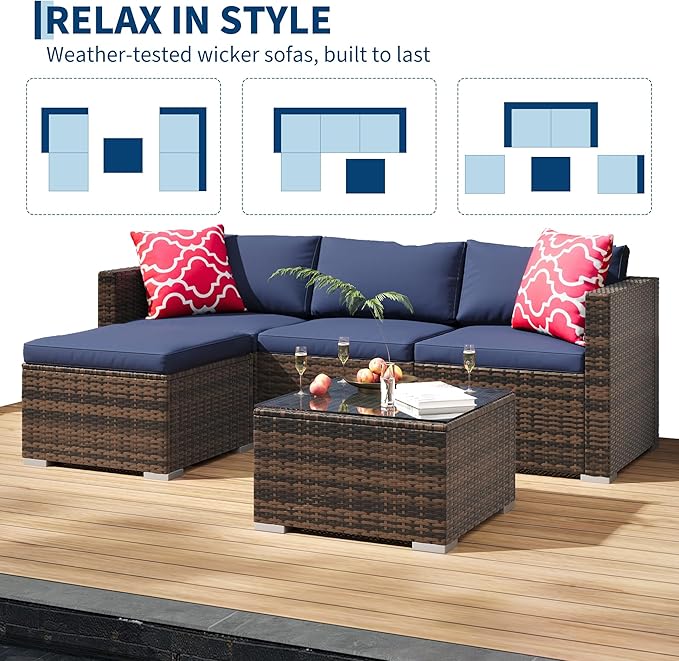 GAOMON 5-Piece All-Weather Patio Furniture Set, Convertible Outdoor Sectional Sofa with Ottoman & Tempered Glass Table, PE Rattan Conversation Set for Garden, Backyard, Porch, Poolside