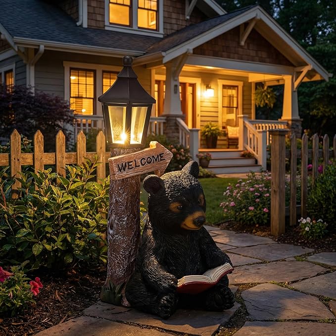 Lyeasw Garden Statues Bears, Solar Reading Bear Statue with Welcome Sign Decor, Bear Figurine Lights for Outside, Patio, Lawn, Garden Decor Birthday Housewarming for Women, Mom
