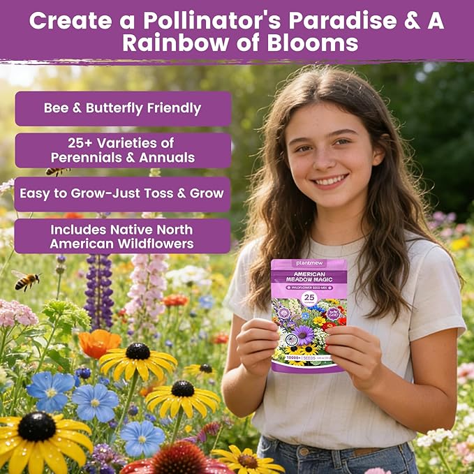 Wildflower Seeds Bulk Mix - 10,000+ Non-GMO Perennial & Annual Seeds - Texas, California & Florida Native Wildflower Seeds for Hummingbirds, Butterflies, & Cut Flowers - Cosmos, Throw and Grow