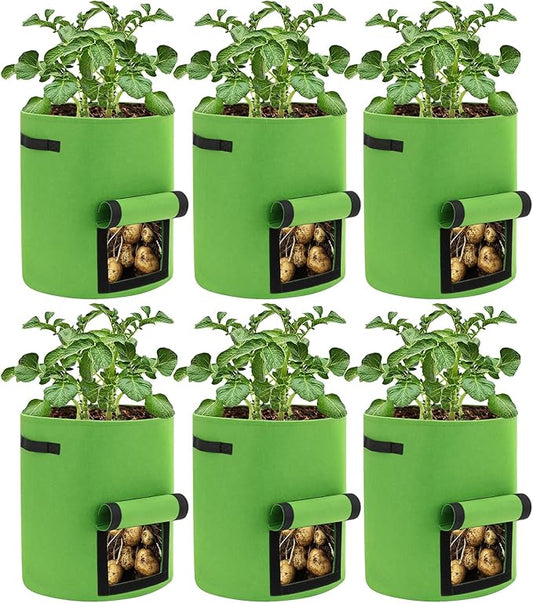 6 Pack Potato Grow Bags, 10 Gallon Planting Bags Large Fabric Pots with Flap Window Vegetable Planter Garden Pot Tall Potato Growing Containers with Handles for Vegetables, Fruits and More, Green