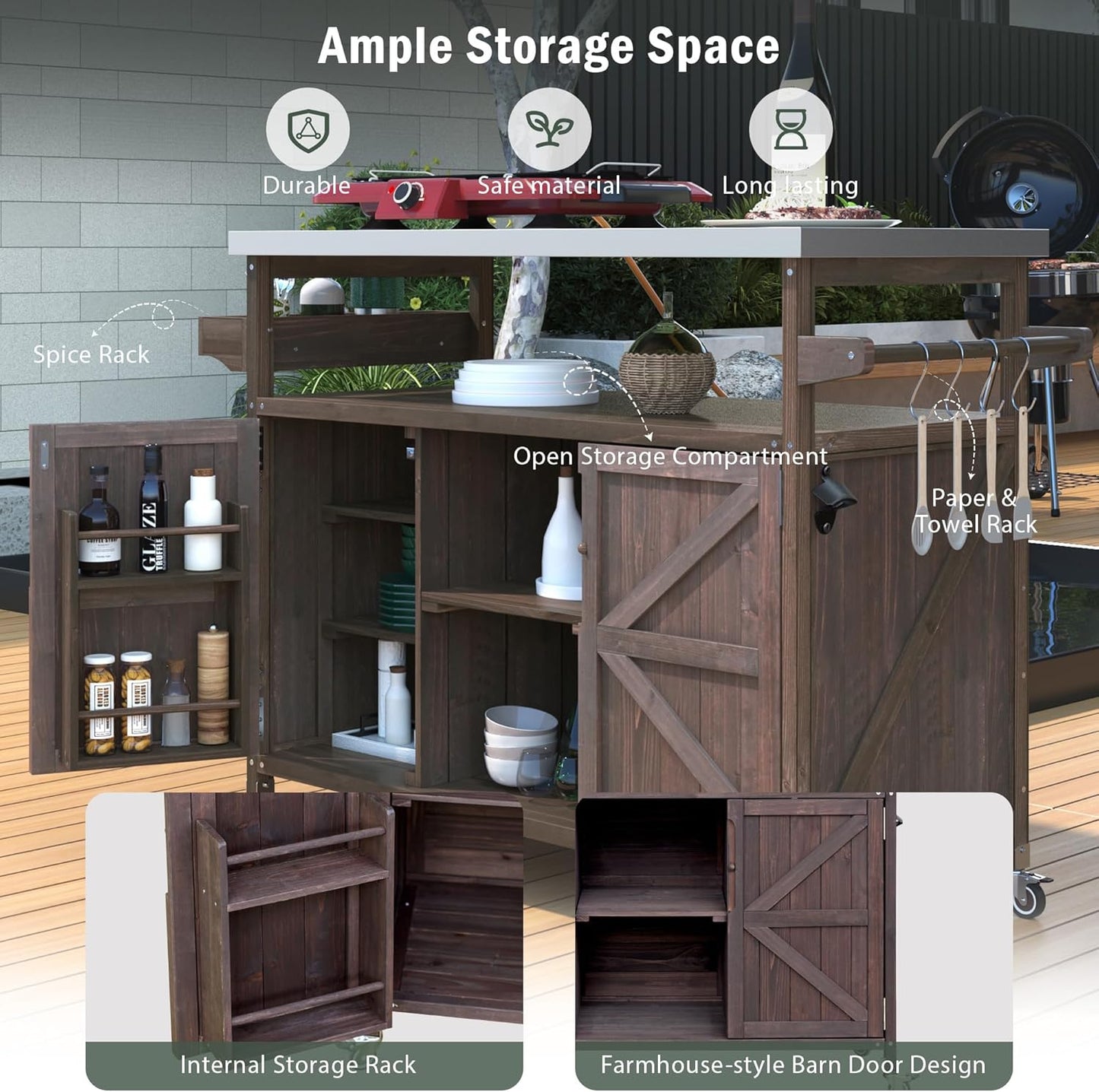 50.25" W Grill Cart with Stainless Steel Tabletop - Outdoor Storage Cabinet for BBQ, Bar Patio Kitchen Island with Ample Storage and Lockable Wheels