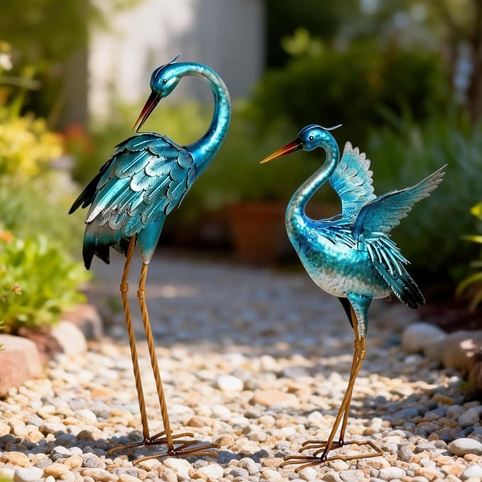 Garden Crane Statues for Outdoor Blue Heron Metal Birds Yard Art Ornaments for Backyard Pond Patio Porch Outside Decorations
