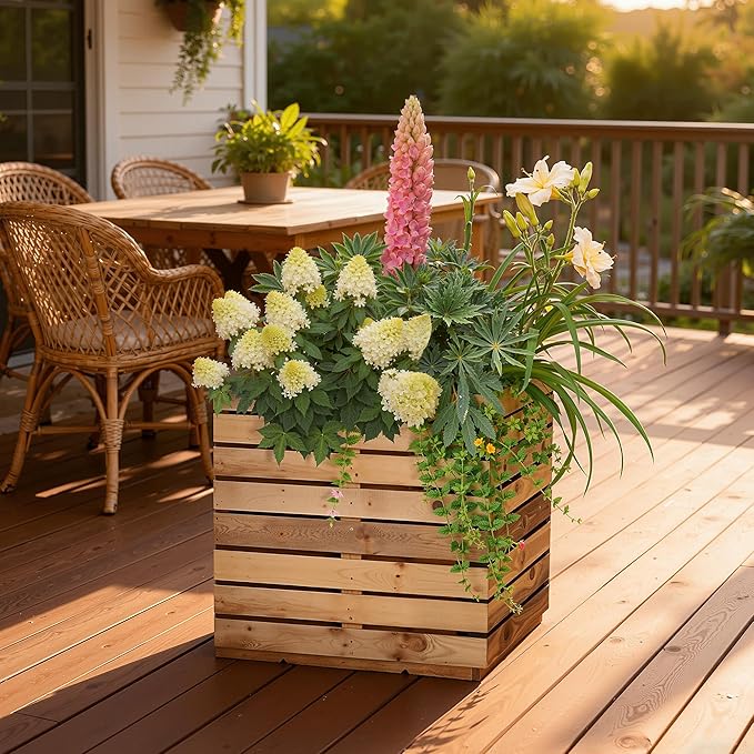 Metal Planter Box for Outdoor Plants, Black Rectangular Planters for Porch with Drainage Holes, All-Weather Use, Rust-Resistance (17" L x 17" W x 18" H, Walnut Wood Grain)