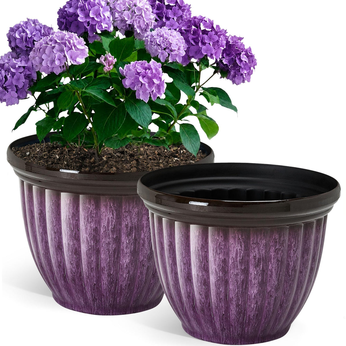 15" Large Planters for Outdoor Plants Set of 2 Plastic Flower Pots (15"-gradient Purple)