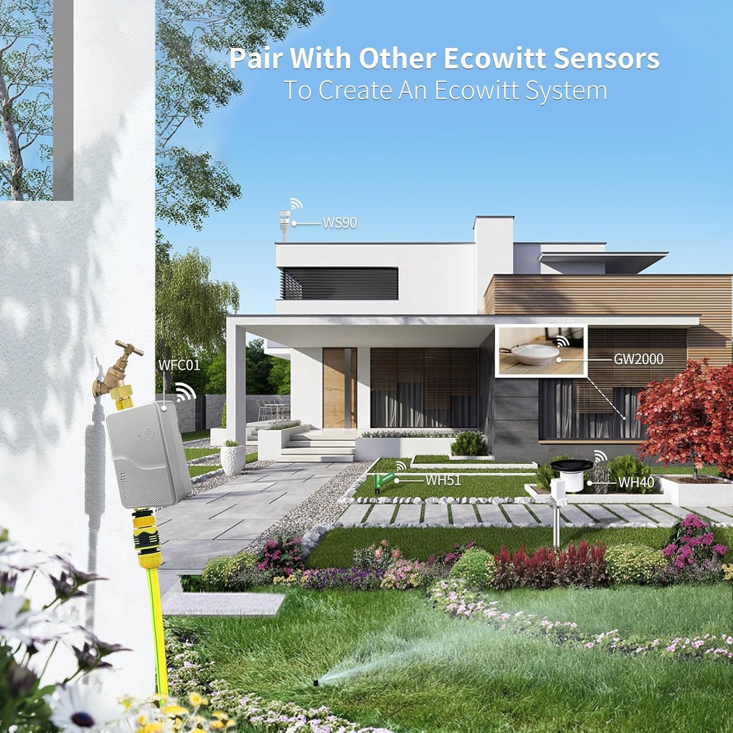 ECOWITT Wittflow Sprinkler Timer, WFC01 Smart Watering Timer, BSP Thread, Need to Connect to GW2000 Wi-Fi Hub, Built-in Water Flow Meter and Temperature Sensor, Intelligent Irrigation