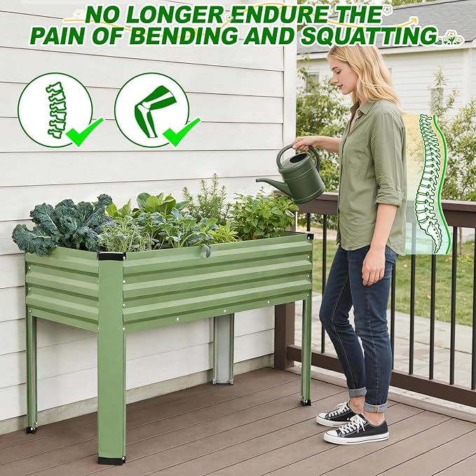 Galvanized Raised Garden Bed with Legs 2Pack, 48x24x32in Elevated Raised Garden Bed Outdoor with Drainage Holes, Planter Boxes for Gardening Vegetable Flower in Backyard, Patio, Balcony (OliveGreen)