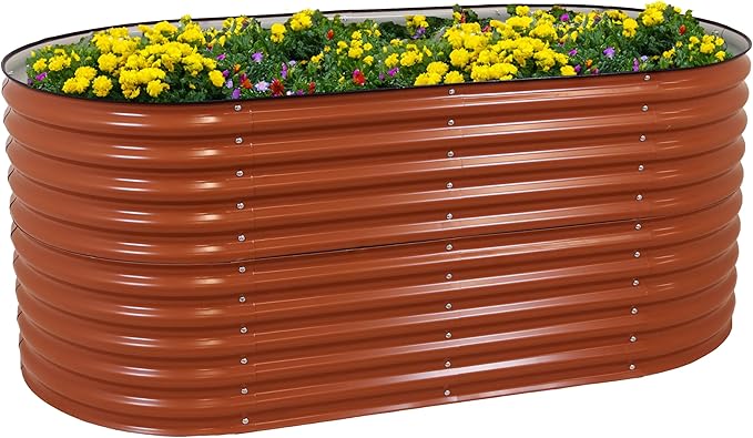 Sunnydaze 79-Inch Oval Raised Garden Bed - Stackable Steel Vegetable Flower Bed Planter Kit with Rubber Edge Trim - Brown