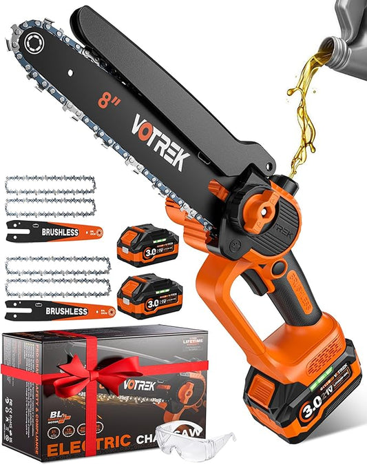 VOTREK® [2-in-1] 8" & 6" Chainsaw Cordless with 2x3.0AH Batteries - Powerful Brushless Electric Mini Chain Saw Set (4 Chains& 2 Bars), Christmas Gardening Tools Gifts for Husband Dad Mom Father Men