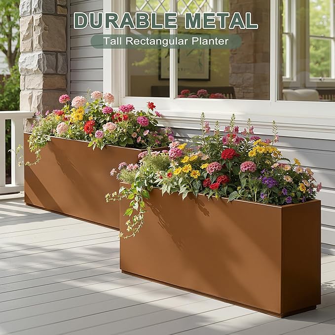 Large Metal Planter Box for Indoor & Outdoor Plants, Flowers, Rectangular Planters with Drainage Holes for Patio, Front Porch, All-Weather Use (32" L x 10" W x 16" H, Brown)