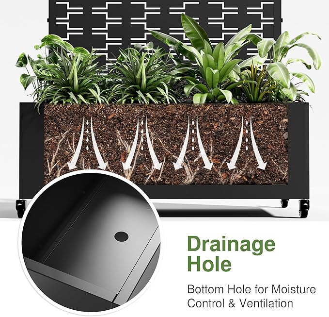 Casaphoria Metal Raised Garden Bed with Trellis and Wheels, 72"x47"x16" Arched Planter Box for Climbing Plants, Vegetables & Vines, Features Drainage Holes and Privacy Screen (Black-Brick)