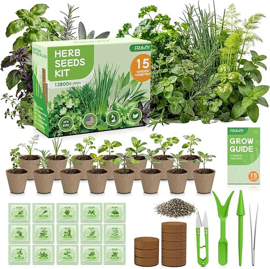 Herb Garden Starter Kit – Fruivity 12800+ 15 in 1 Heirloom Herb Seed Kits for Indoor/Outdoor Planting | Herb Indoor Garden Kit Starter - Complete Herb Garden Starter Set with Gift Packaging for Family