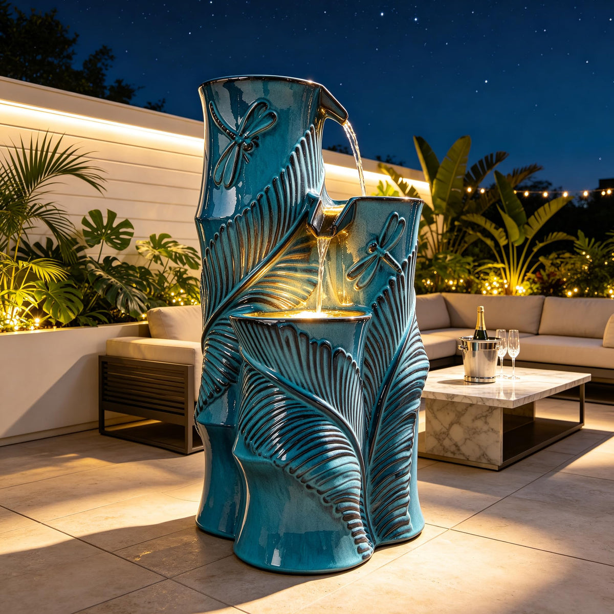 Autodaya Tropical Turquoise Ceramic Outdoor Water Fountain with Lights (25.5"h Bamboo-style Teal Blue)