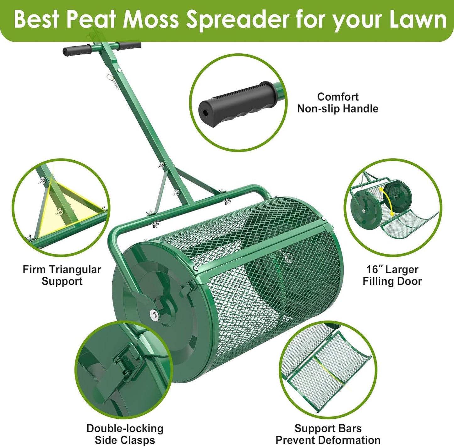 Seeutek Compost Spreader - 24" Peat Moss Spreader with 3 Heights, Top Soil Spreader W/Upgraded Side Latches Support Rod Powder Coated Metal Mesh Top Dressing Spreader for Lawn, 2 Way Uses-Push or Tow