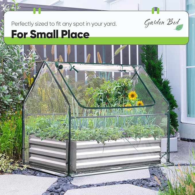 Quictent Raised Garden Bed with Cover Outdoor Galvanized Steel Planter Box Kit with Greenhouse Large Zipper Window Dual Use, 20pcs T-Type Tags & 1 Pair of Gloves Included 4x2.5x1 FT, Clear