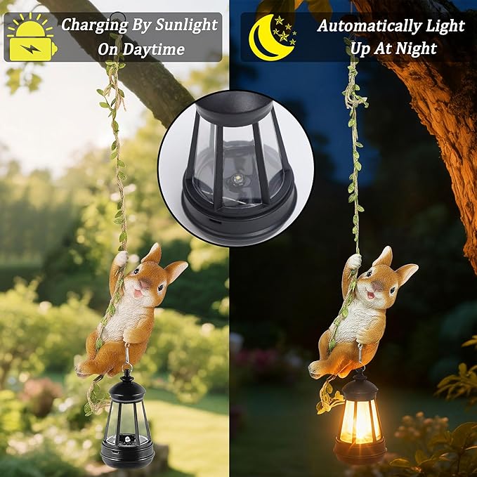 Solar Hanging Bunny Rabbit Statue, Easter Outdoor Resin Animal Figurine with LED Lights for Garden, Fence, Porch, Patio, Yard Decor, Dusk to Dawn Auto On/Off