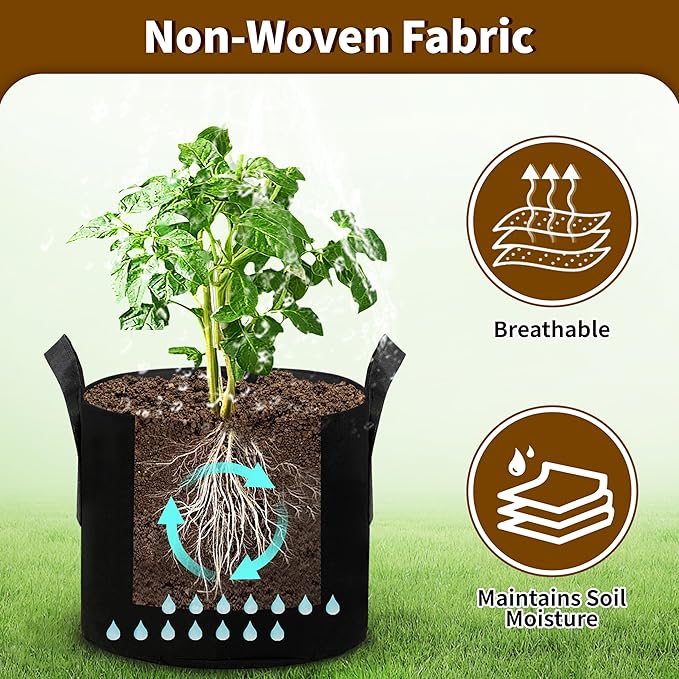 12 Pack 3 Gallon Grow Bags, Heavy Duty 300g Nonwoven Fabric Plant Pots with Reinforced Handles, Breathable Potato & Tomato Grow Bags for Vegetables, Peppers, Herbs - Black