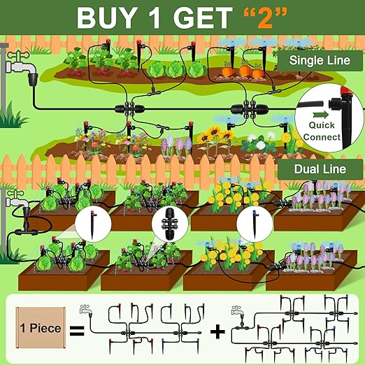 230FT Watering System for Outdoor Plants, Quick-Connect Garden Drip Irrigation Kits with 1/2" & 1/4",Hose Irrigation Equipment, Adjustable Nozzles & Sprinklers for Yard, Greenhouse,Raised Bed,Lawn