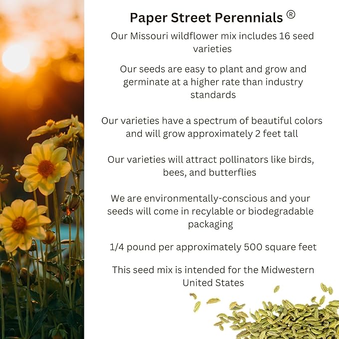Missouri Bulk Perennial Wildflower Seed Mix 1lb Covers 2,000sq-ft - Attract Pollinators, Multi-Color Blooms - Midwest US Species Plant in Spring/Fall - Earth-Friendly Packaging (1/2 Pound)
