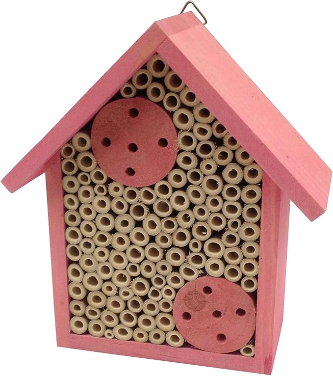 Cestari Mason Bee House Bamboo Tube Solitary Bee Hotel – 75 FSC‑Wood & Bamboo Tubes, 8 × 7.5 × 5 in, Rose Pink