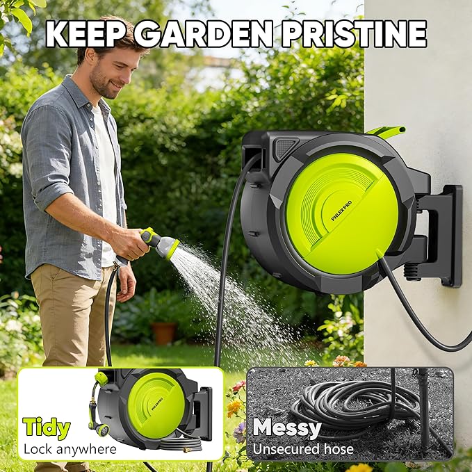 110 FT x 5/8" Retractable Garden Hose Reel - PHLEXPRO Automatic Wall Mounted Hose Reel with 3/4in Brass Fitting, 10Pattern Nozzle, Any Length Lock Slow Retraction, 180° Swivel, Heavy Duty UV Resistant