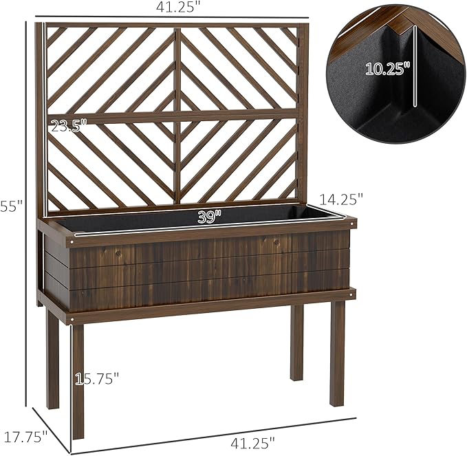 Outsunny Raised Garden Bed with Trellis for Climbing Plants, Vegetable, Grape Vines, Wood Planter with Legs, Drainage Holes and Filter for Outdoor Garden, Patio, Carbonized