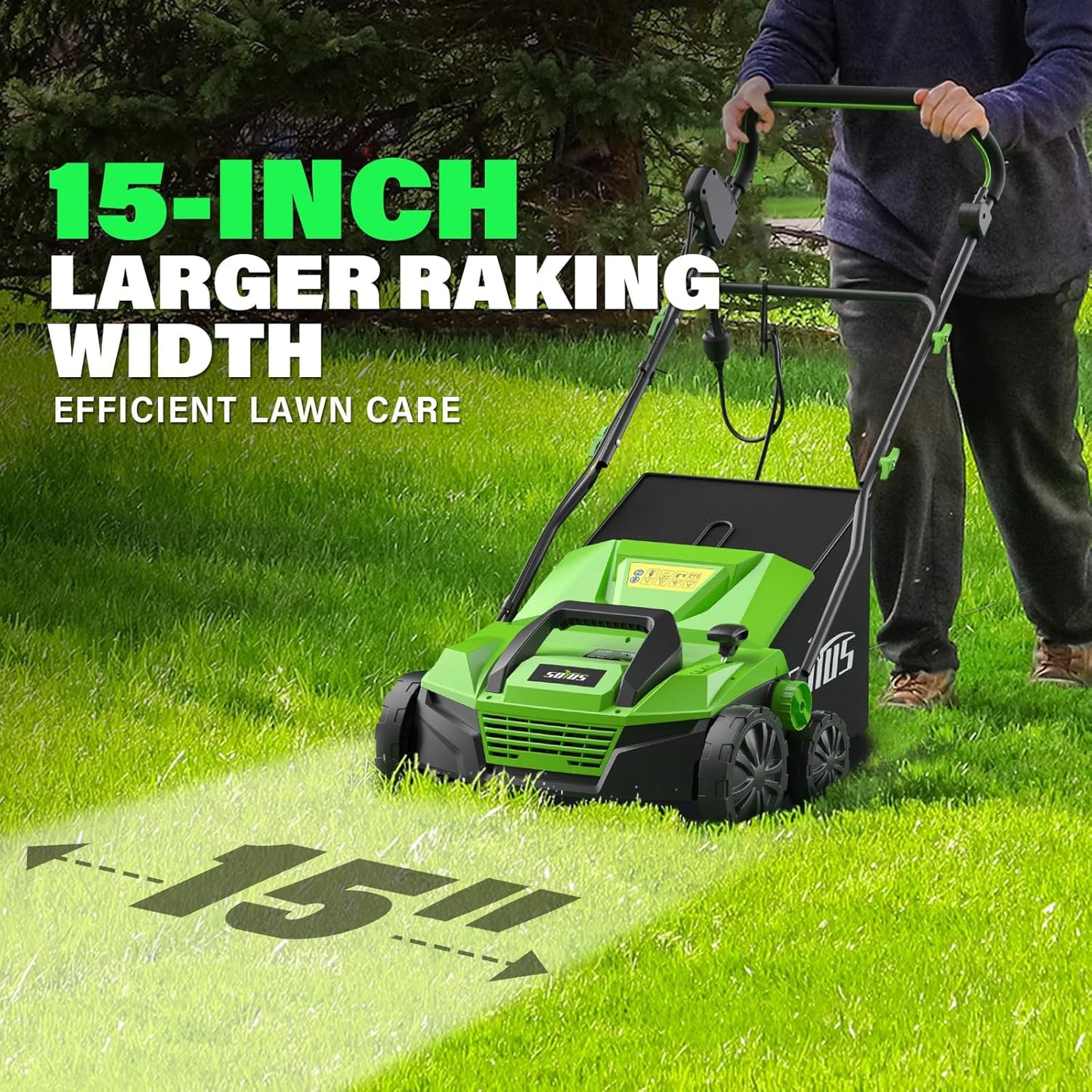 SOYUS 15-Inch 13-Amp Electric Dethatcher and Scarifier with 45L Removable Thath Collection Bag, Corded Lawn Dethatcher with 5-Position Depth Adjustment, Quick-Fold, Increases Lawn Health
