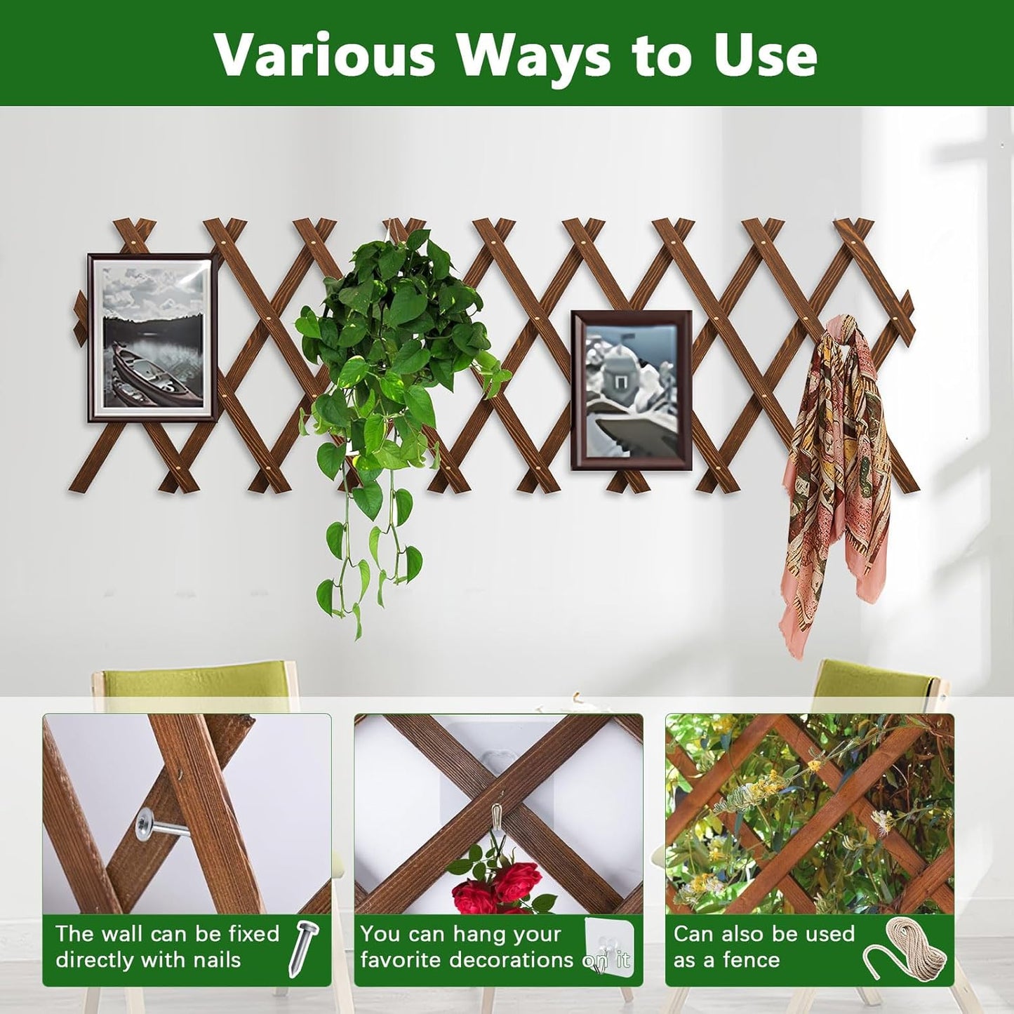 4 PCS Expandable Garden Trellis, 13.4" x 60" Trellis for Climbing Plants Outdoor, Wooden Lattice Fence Wall Panel Lattice Panels for Outside, for Climbing Plants Vine Ivy Rose Cucumbers Clematis