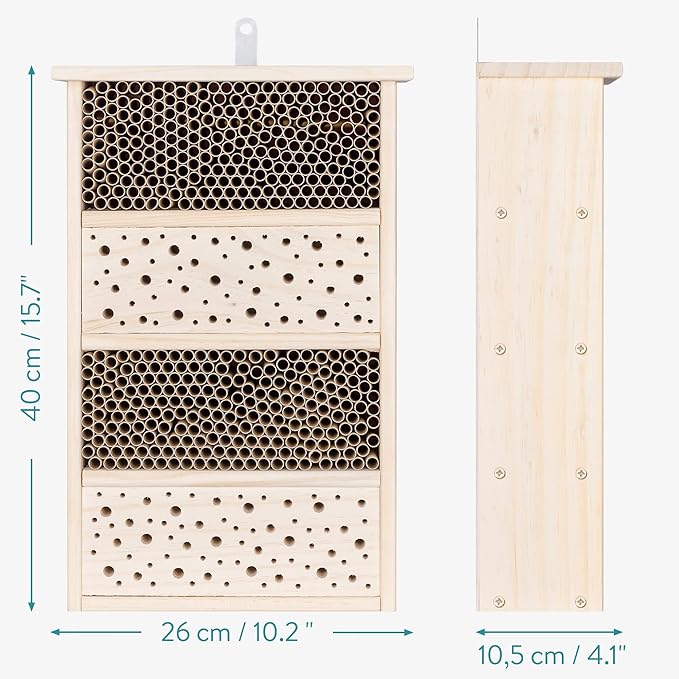 Navaris Bee House for Garden - 10.2" x 15.8" Bee Hotel for The Garden - Nesting Tubes Box with Holes for Carpenter Bees, Pollinating Bees, Mason Bees