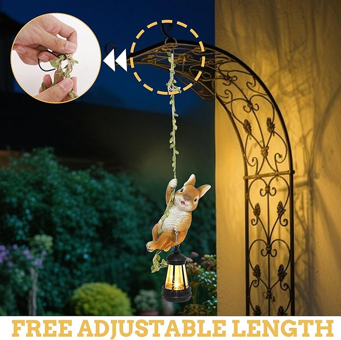Solar Hanging Bunny Rabbit Statue, Easter Outdoor Resin Animal Figurine with LED Lights for Garden, Fence, Porch, Patio, Yard Decor, Dusk to Dawn Auto On/Off