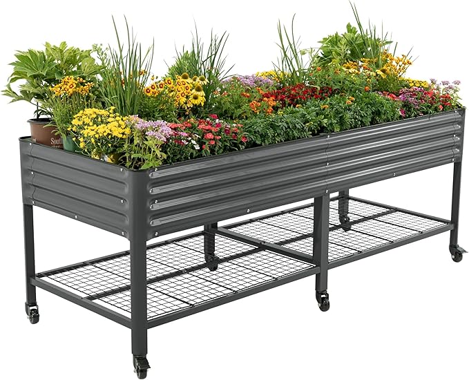 Rolling Elevated Raised Garden Bed - Jumbo Series, 3' x 8' Outdoor Planters Boxes with Legs & Storage Rack for Patio, 2000+ Lbs Weight Capacity, Raised Beds for Gardening Herbs Flowers, Modern Gray