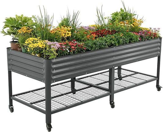 Rolling Elevated Raised Garden Bed - Jumbo Series, 3' x 8' Outdoor Planters Boxes with Legs & Storage Rack for Patio, 2000+ Lbs Weight Capacity, Raised Beds for Gardening Herbs Flowers, Modern Gray