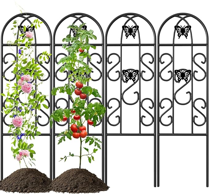 AMAGABELI Garden & Home 4 Pack Garden Trellis for Climbing Plants 60" x 18" Black Iron Trellis for Potted Plant Support Butterfly Metal Trellis for Climbing Roses Vine Flower Cucumber Clematis GT02