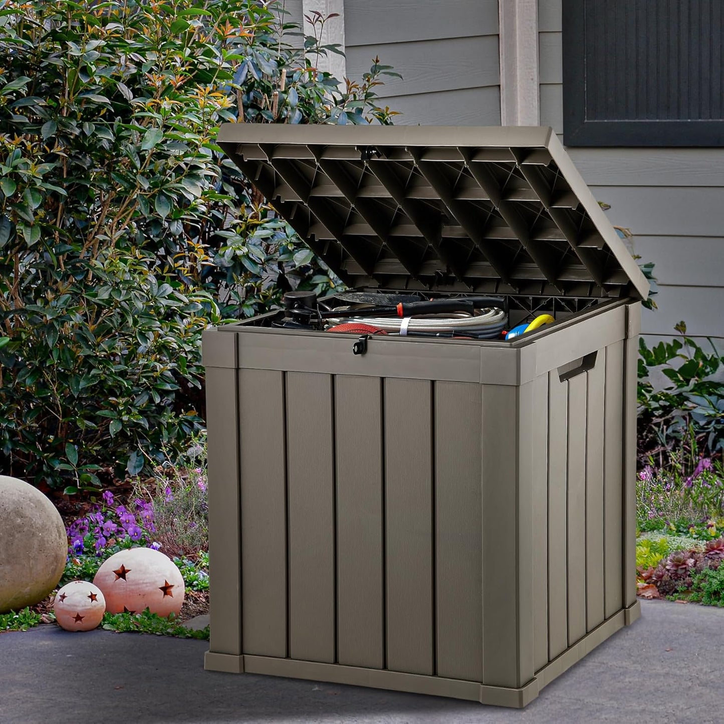 YITAHOME Deck Box, 51 Gallon Weatherproof Outdoor Storage Container for Patio Cushions, Pool Supplies, Garden Tools, Lockable Lid and Side Handles, Light Brown