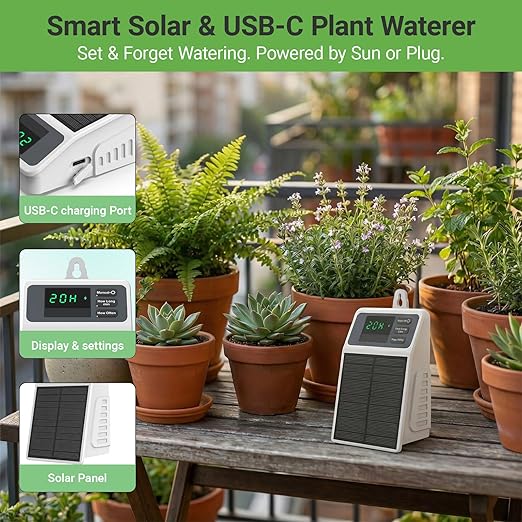 Automatic Solar drip Irrigation System (Solar/USB-C Dual Power), DIY Solar Watering System with Programmable Timer for 15 Potted Plants, IPX5 Auto Watering Kit for Indoor, Balcony, Garden & Vacation