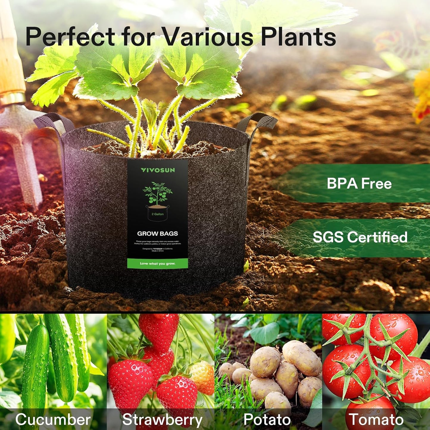 VIVOSUN 20-Pack 2 Gallon Grow Bags, Heavy Duty Thickened Nonwoven Fabric Pots with Handles for Flowers Fruits and Vegetables Black