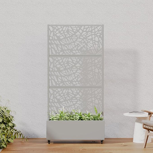 Casaphoria Metal Raised Garden Bed with Trellis and Wheels, 72"x35"x16" Planter Box for Climbing Plants, Vegetables & Vines, Features Drainage Holes and Privacy Screen, Grey-Net